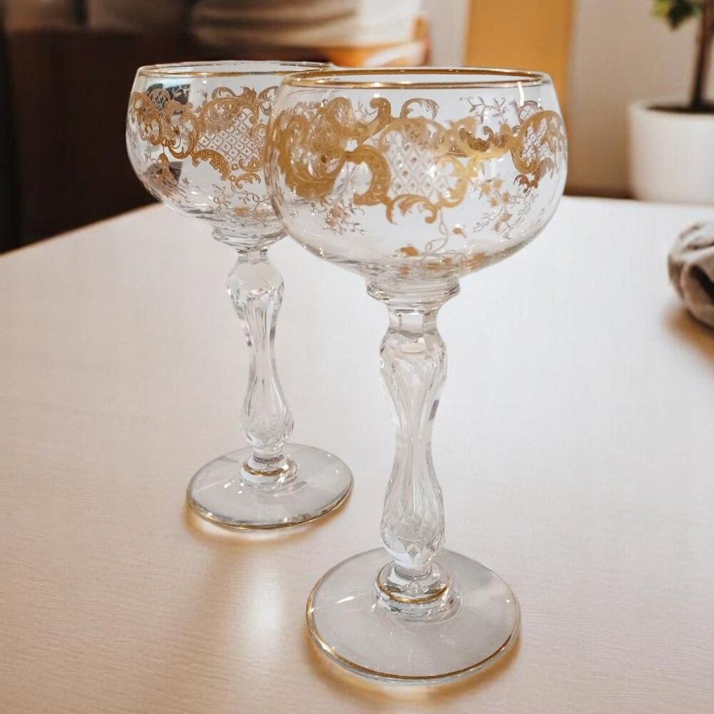 2 RARE French St. Louis Crystal Hock Vintage Wine Glasses Micado Pattern